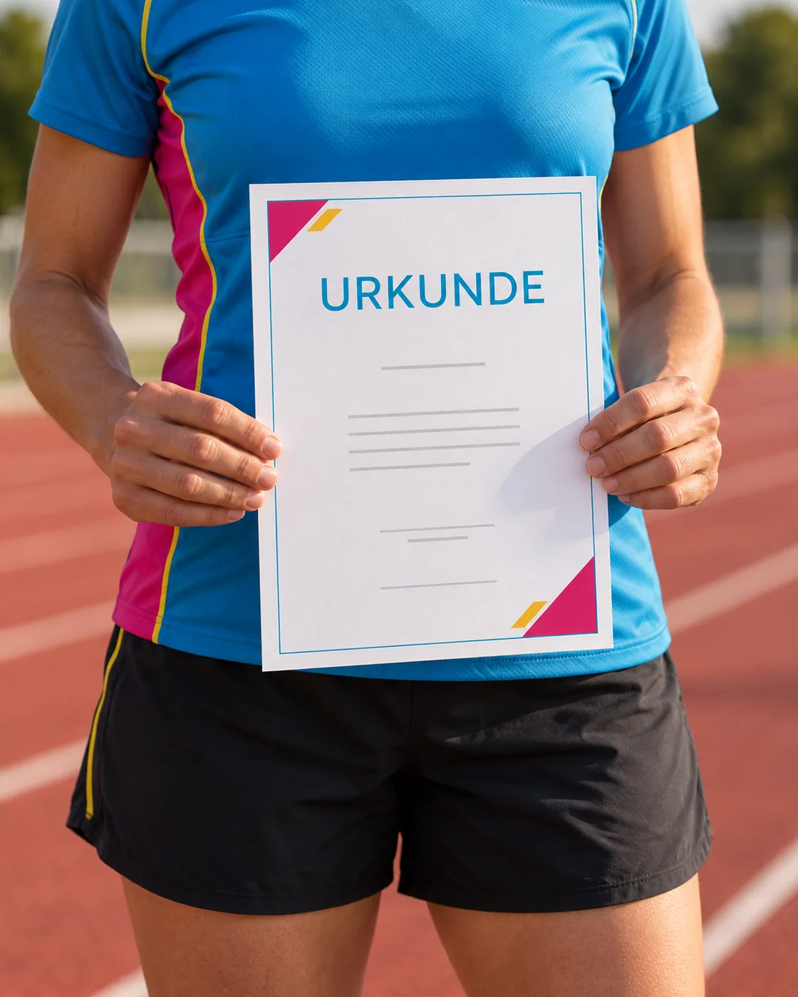 Sportler hält eine Urkunde vor cyanfarbenem Sportshirt; Kopf und Gesicht außerhalb des Bildausschnitts