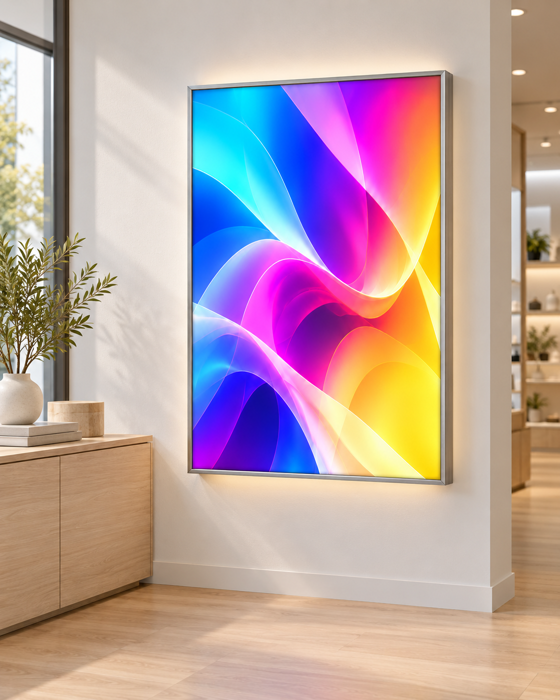 Hinterleuchtete Backlightfolie mit CMY-Wellenmotiv im Aluminiumrahmen an einer hellen Ladenwand