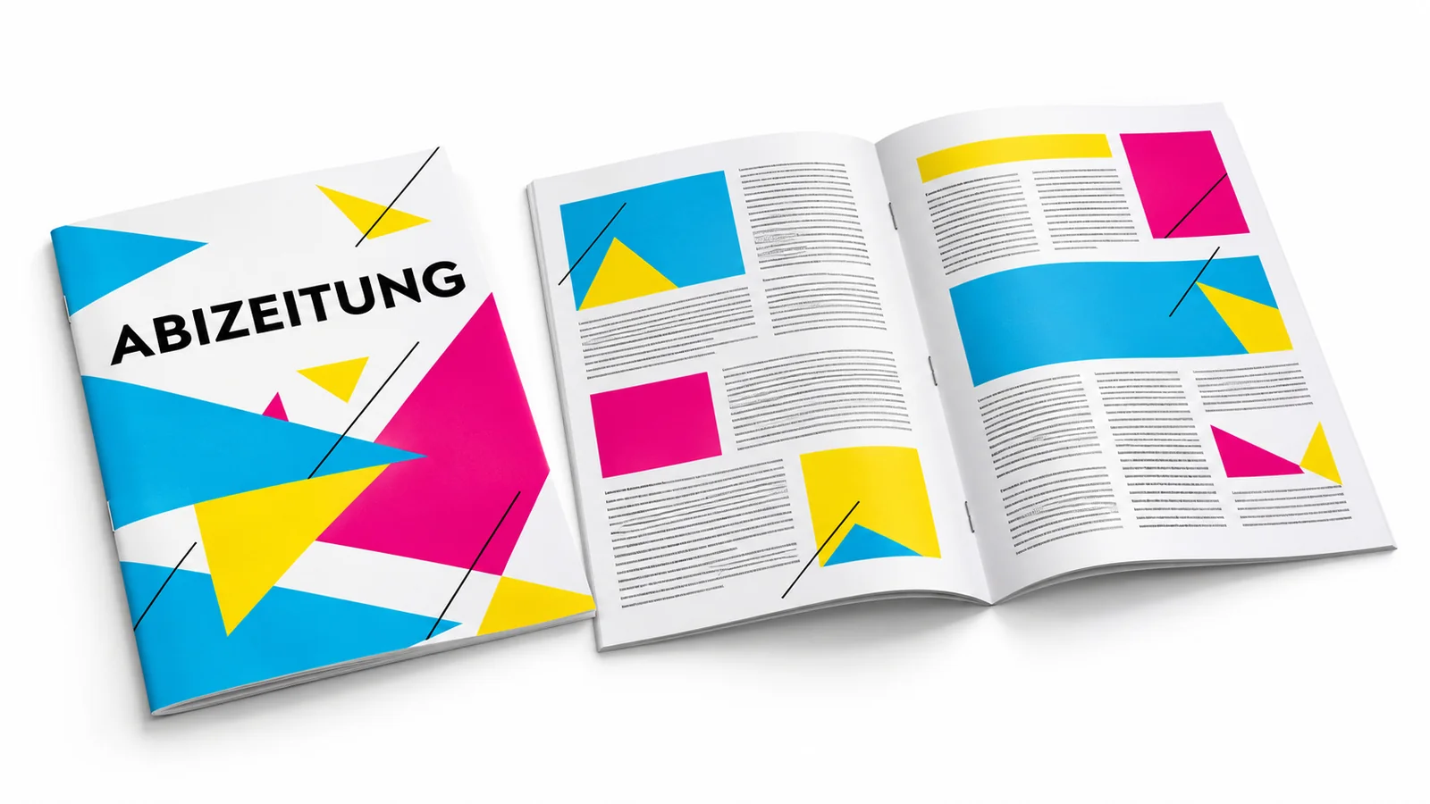 Geschlossene und offene Abizeitung mit Klammerheftung und Gestaltung in Cyan, Magenta und Gelb