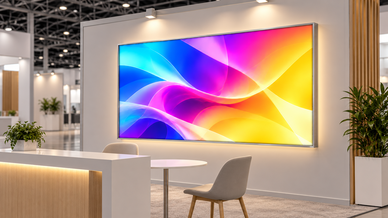Gerahmte Backlightfolie mit CMY-Wellenmotiv an der Wand eines Messestands
