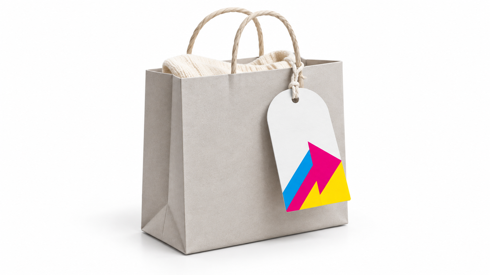 Produktanhänger im CMYK-Design an einer Warenverpackung