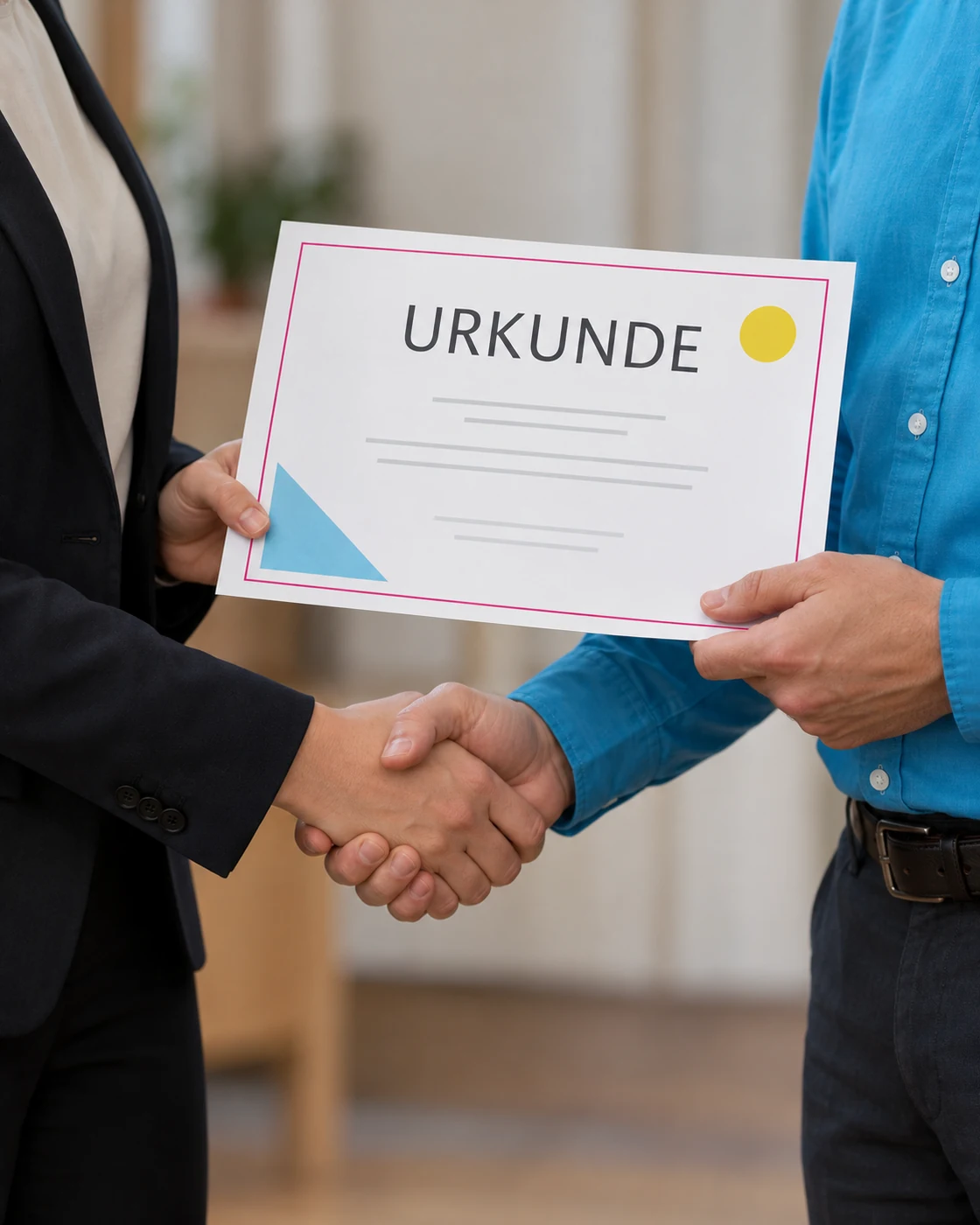 Zwei Personen überreichen eine Urkunde und geben sich die Hand; Köpfe und Gesichter außerhalb des Bildausschnitts