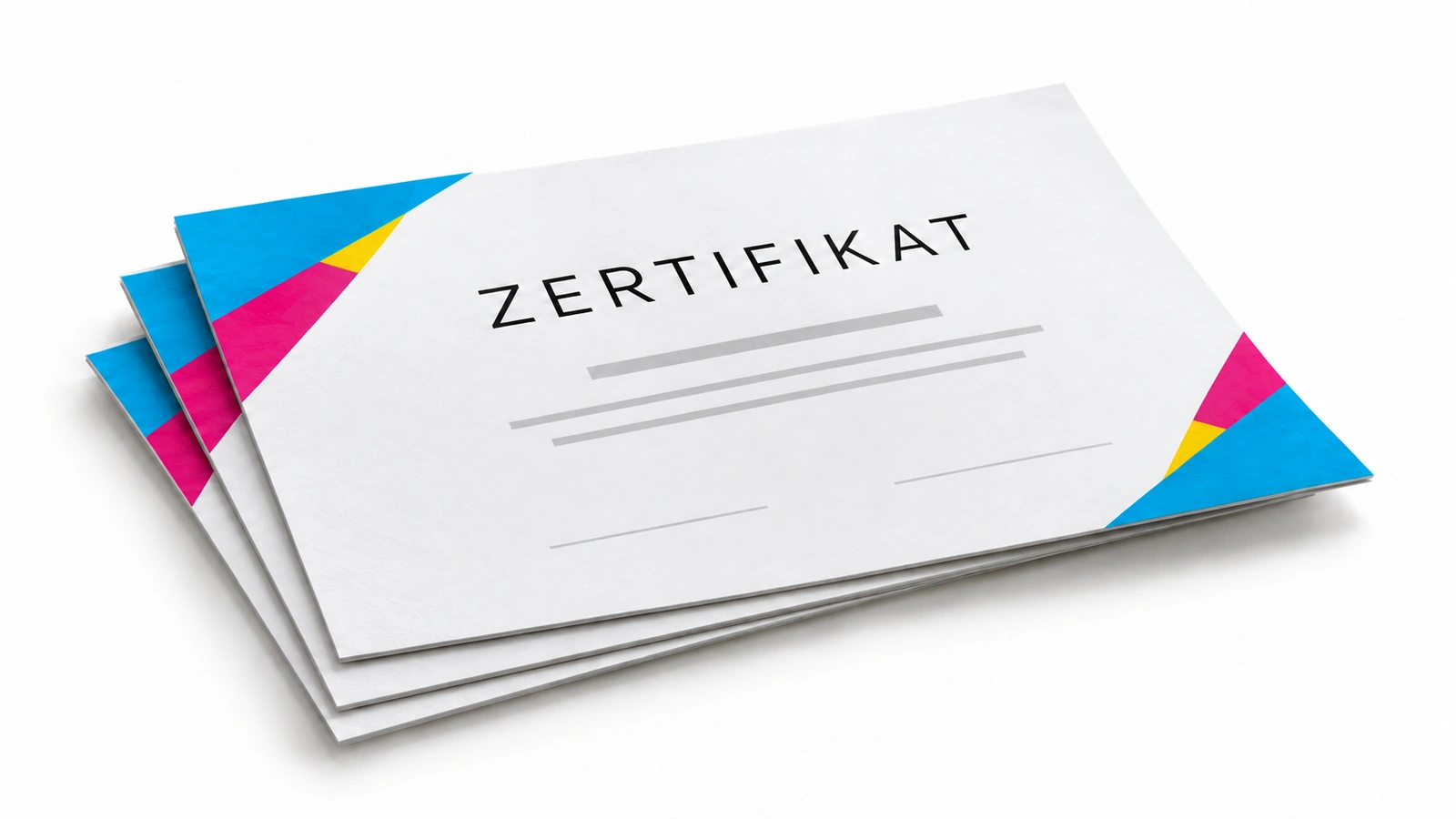 Drei Zertifikate mit randlos gedruckten CMY-Eckflächen und sichtbaren Papierkanten