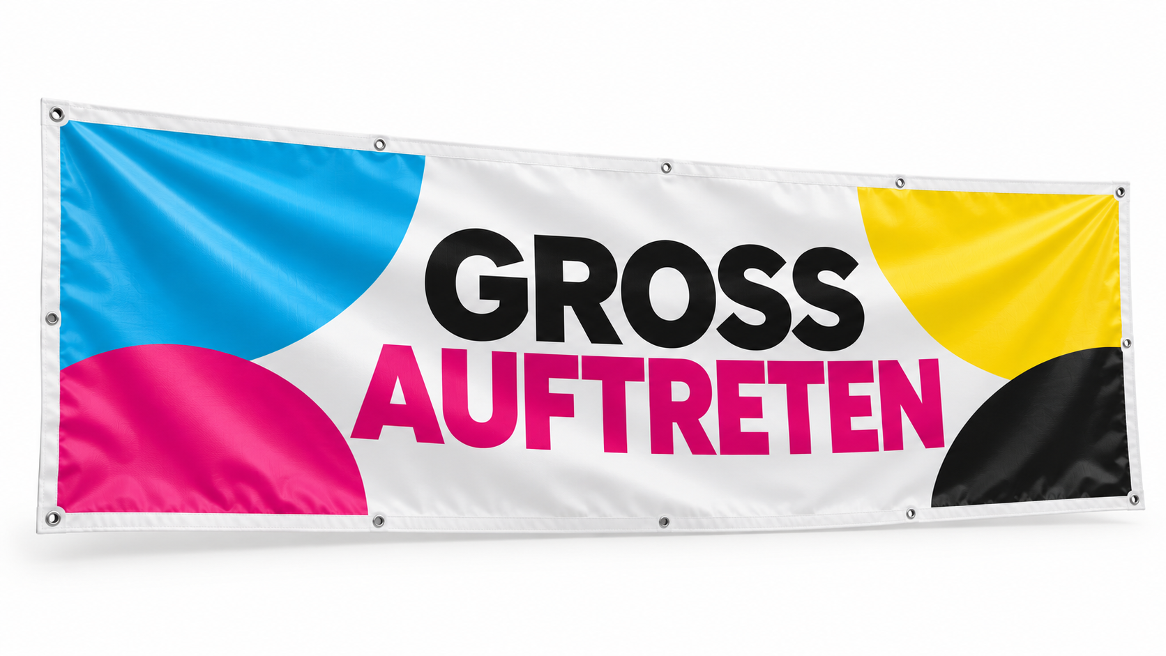 Bedrucktes PVC-Werbebanner mit geschlossenem Material, farbigen Flächen und Metallösen
