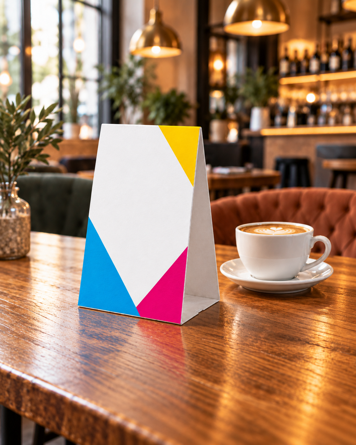 Tischaufsteller im CMYK-Design auf einem Tisch in einem Café