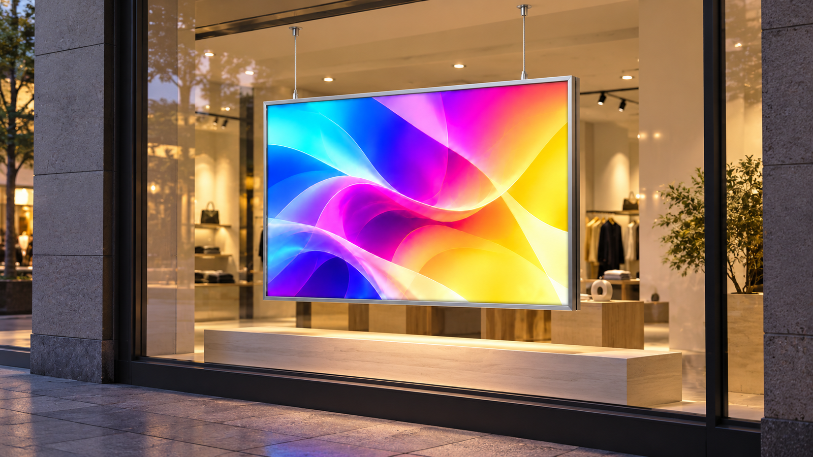 Beleuchtete Backlightfolie mit CMY-Wellenmotiv in einem gerahmten Leuchtkasten im Schaufenster