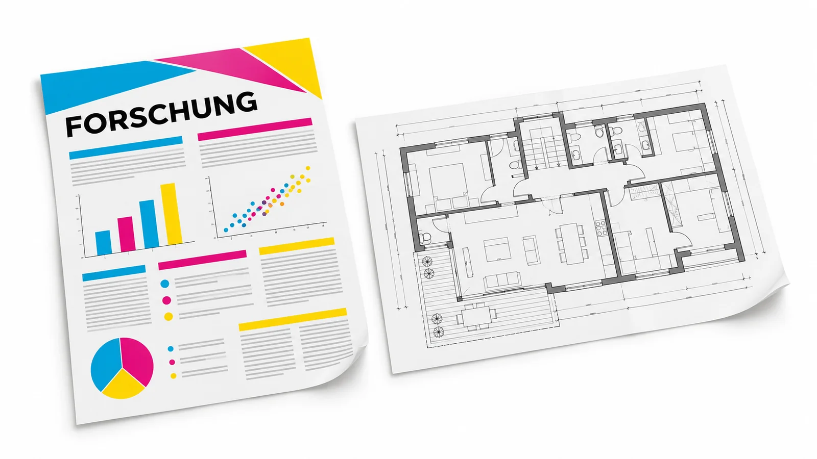 Wissenschaftliches Poster mit CMY-Diagrammen neben einem CAD-Grundriss auf weißem Hintergrund