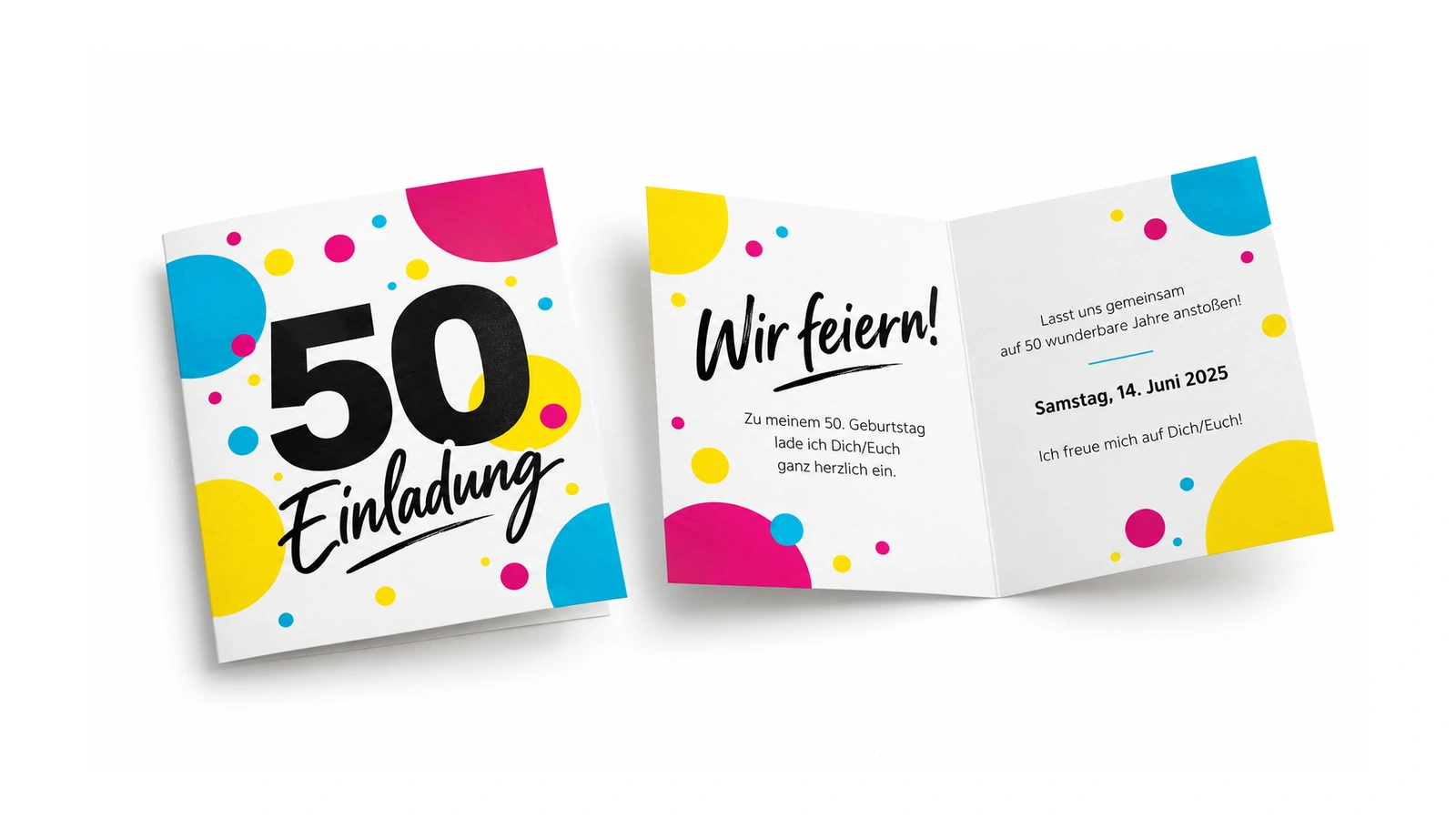 Geschlossene und geöffnete Geburtstagseinladung zum 50. Geburtstag in Cyan, Magenta und Gelb